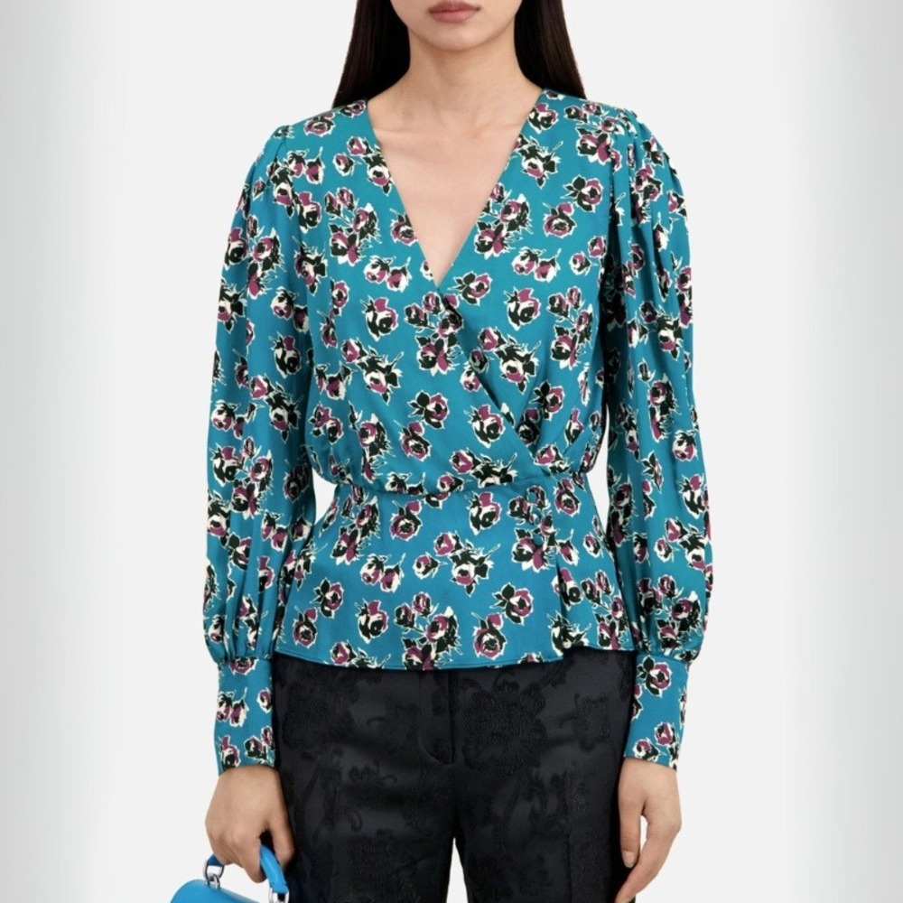 The Kooples Crossover Blouse Rock Roses Print NWT Teal & Purple Size 3‎ / US 8